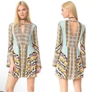FREE PEOPLE | Teagan Boho Mini Dress Blue Yellow Pink Print Women’s Size 4